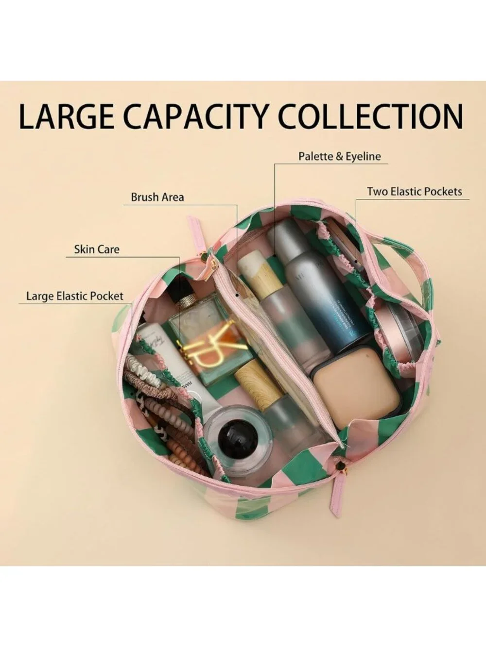 Travel Makeup Bag - Pink & Green Striped, Waterproof, Portable Organizer for